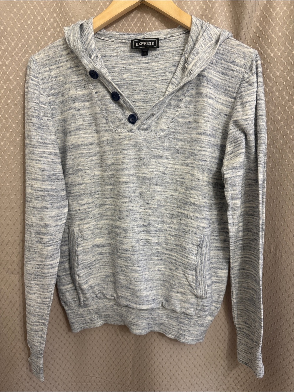 Express Men's Marled Light Blue V-Neck Hooded Sweater with Navy Buttons